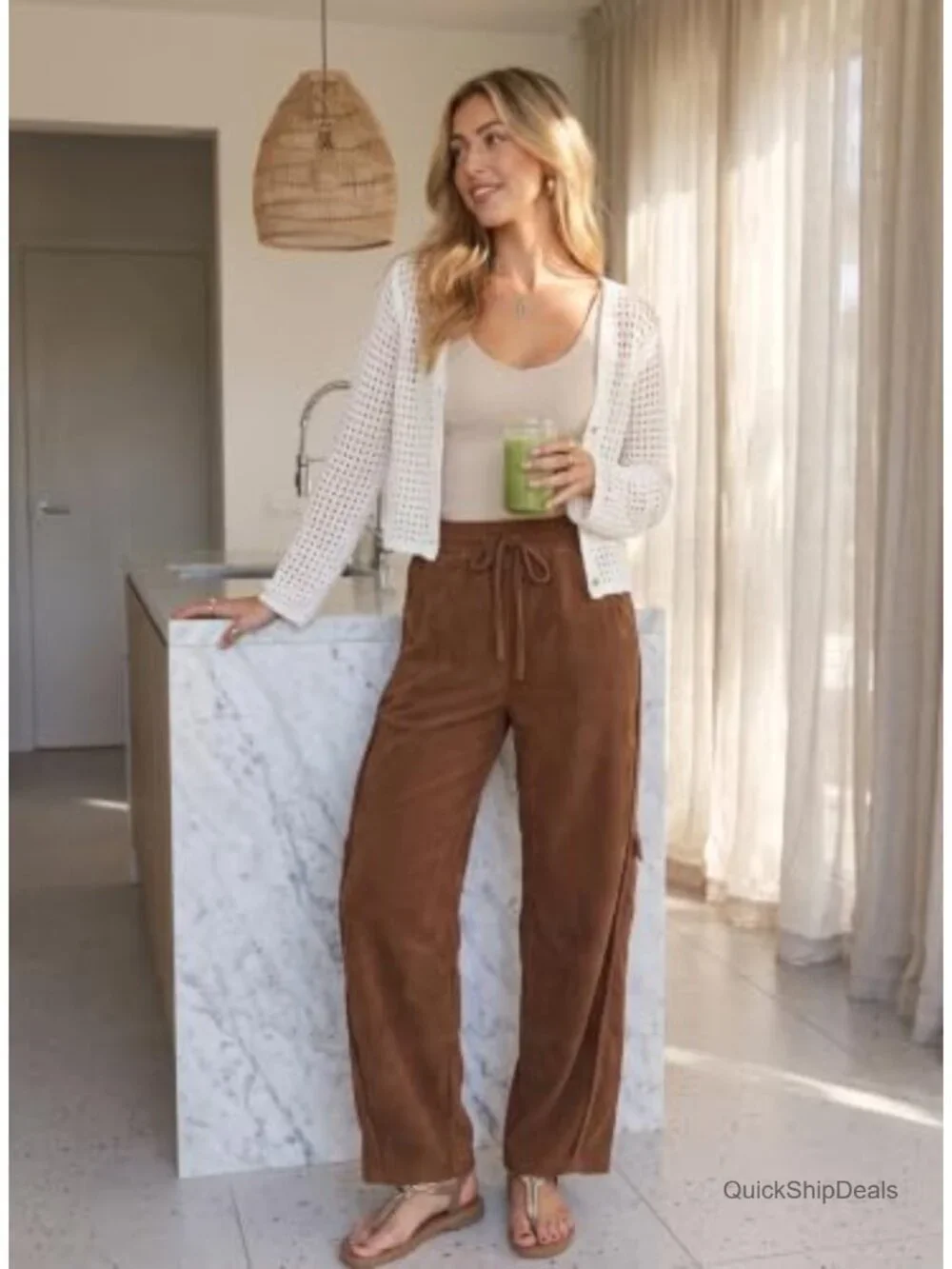 Women's Corduroy Barrel Pants High Rise Drawstring Loose Wide Leg